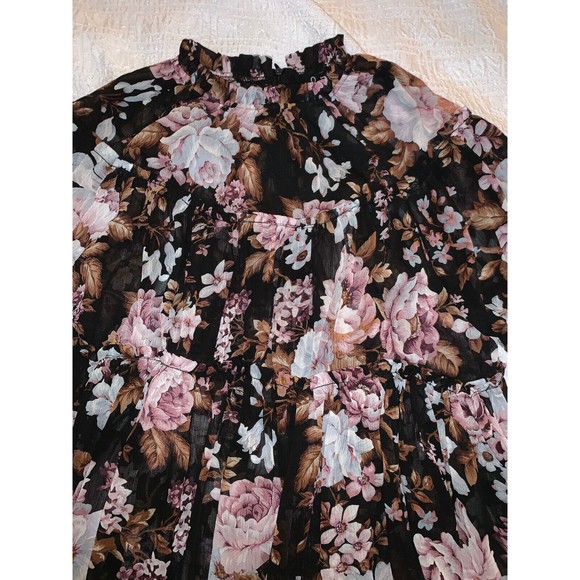 $110 OPT Shirt Blouse Women Med. Chiffon Tier Black Pink Floral Ladies Designer - Picture 3 of 16